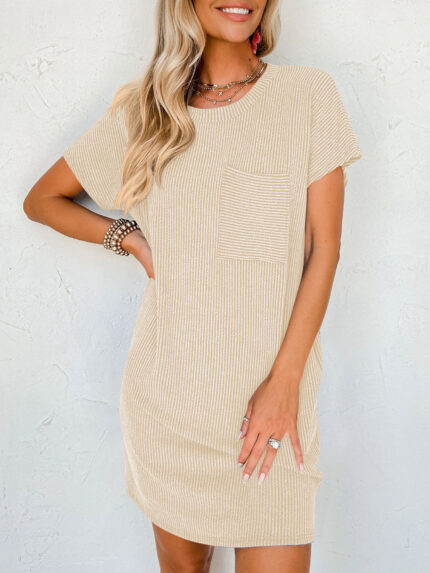 Levant Fashion Striped Short Sleeve Pocket Dress Women