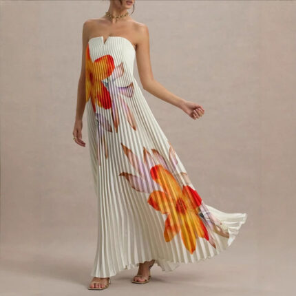 Levant Fashion Off-the-shoulder Loose-fit Intricately Pleated Maxi Dress For Women